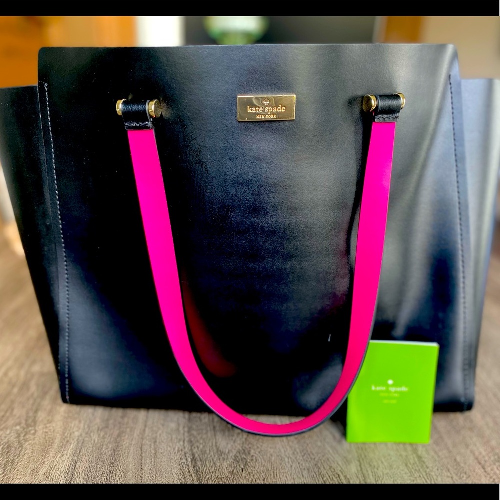 Kate Spade black leather tote with hot pink inside